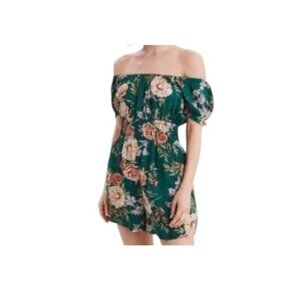 American Eagle Green Floral Romper M Off-Shoulder Cottagecore Boho Coquette‎